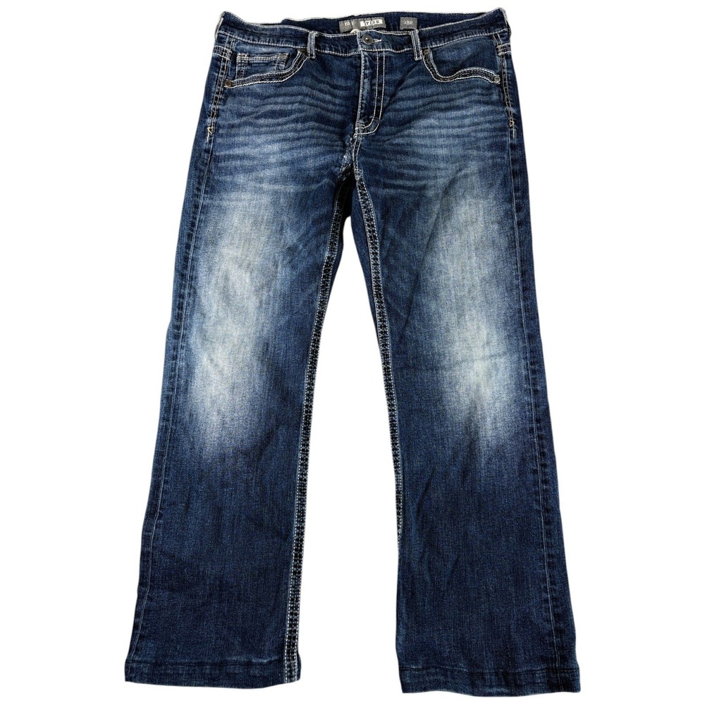 BKE Tyler Jeans Mens 38R Blue Bootcut Dark Washed Faded Heritage Repair